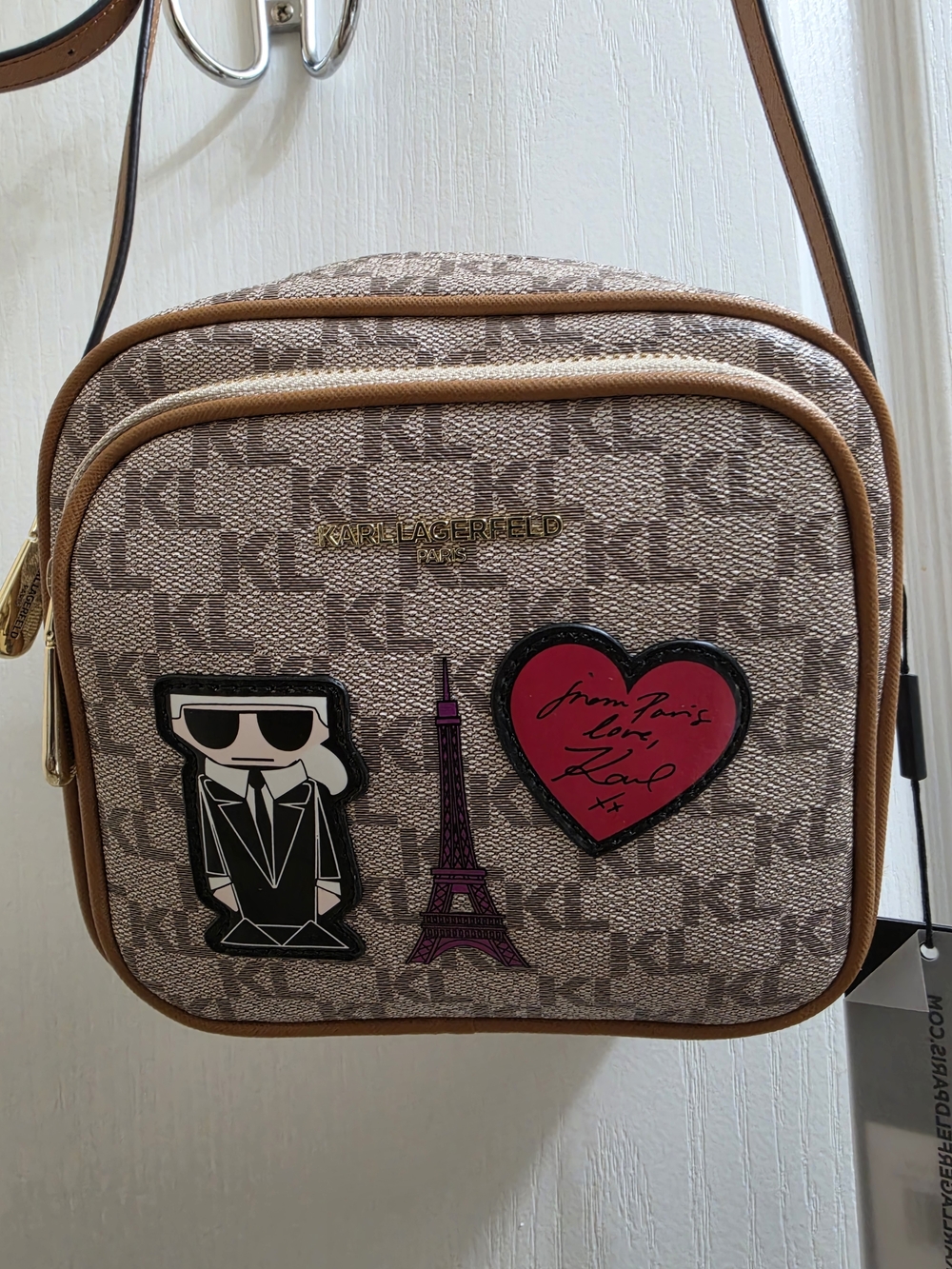 Karl Lagerfeld Almond/Neutral Eiffel Tower Crossbody $178